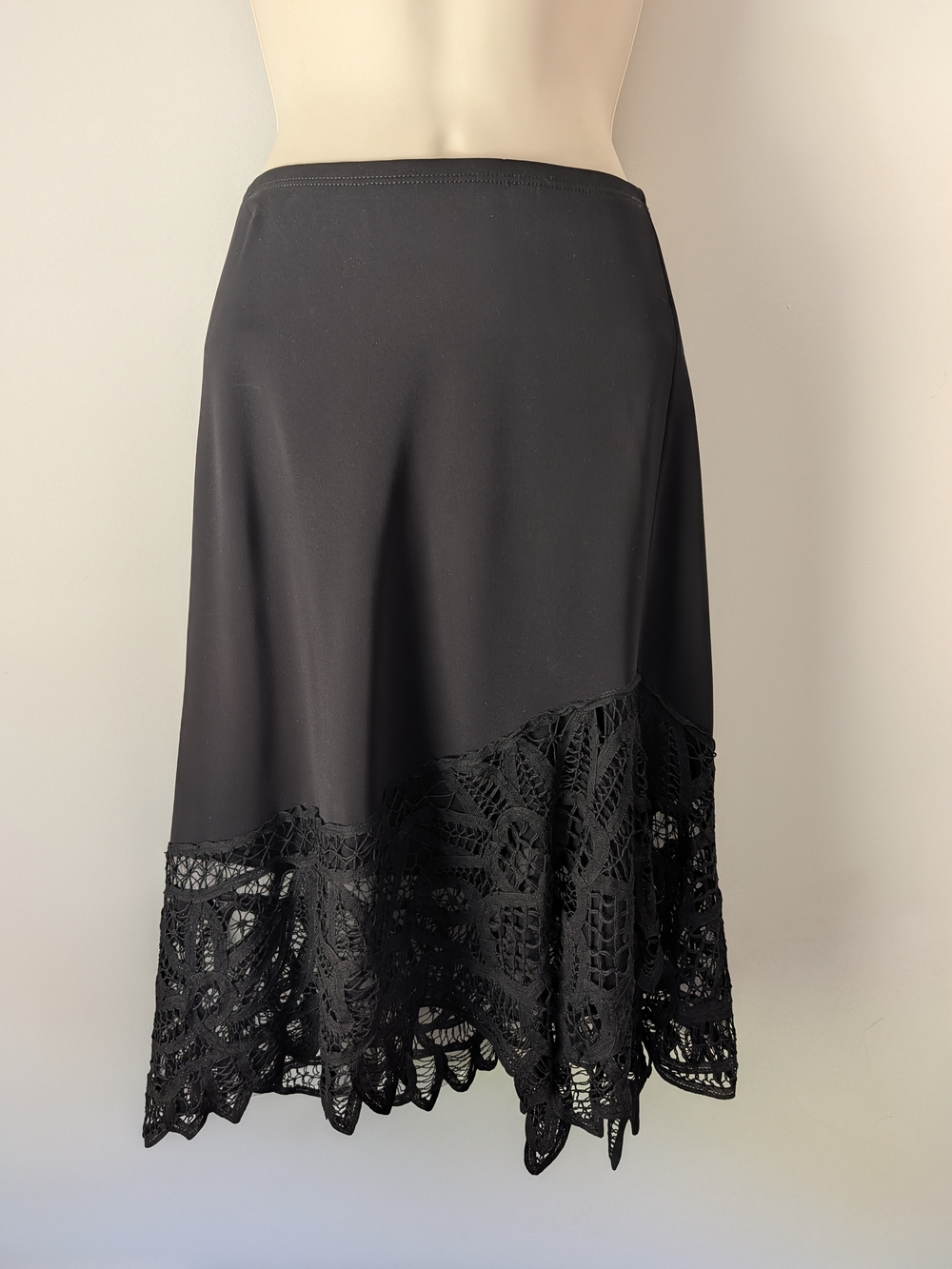 BCBGMaxAzria Black Asymmetrical Crochet-Hem Skirt